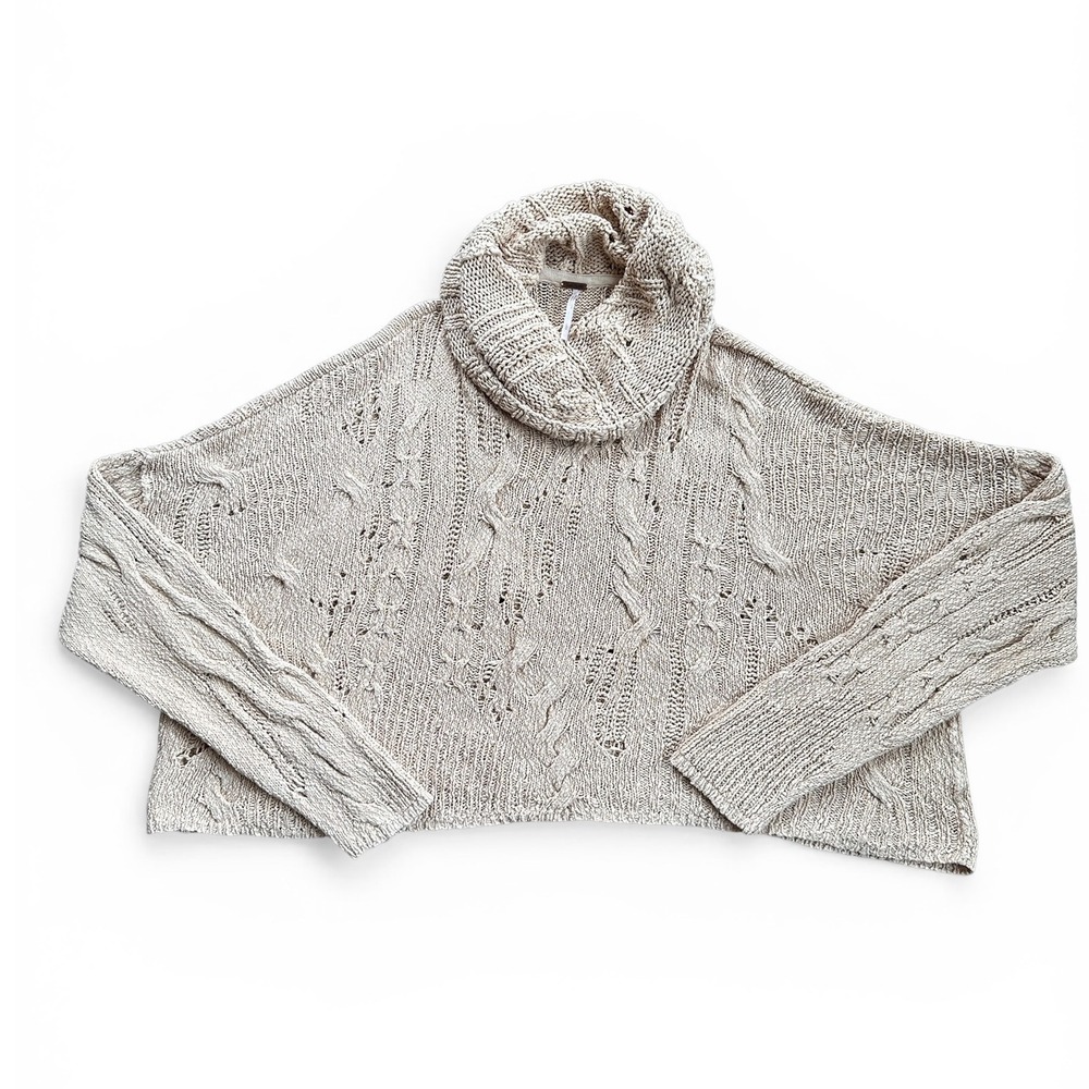 Free People Cowl Neck Cable Knit Sweater Womens Large Beige Excellent Oversized